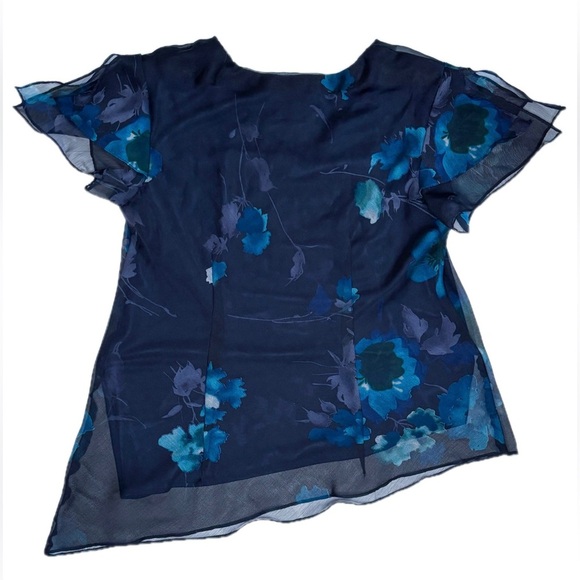 Vintage Black Floral Blouse Shirt Size 14 Asymmetrical Hem Flutter Sleeves Fairy - Picture 3 of 3